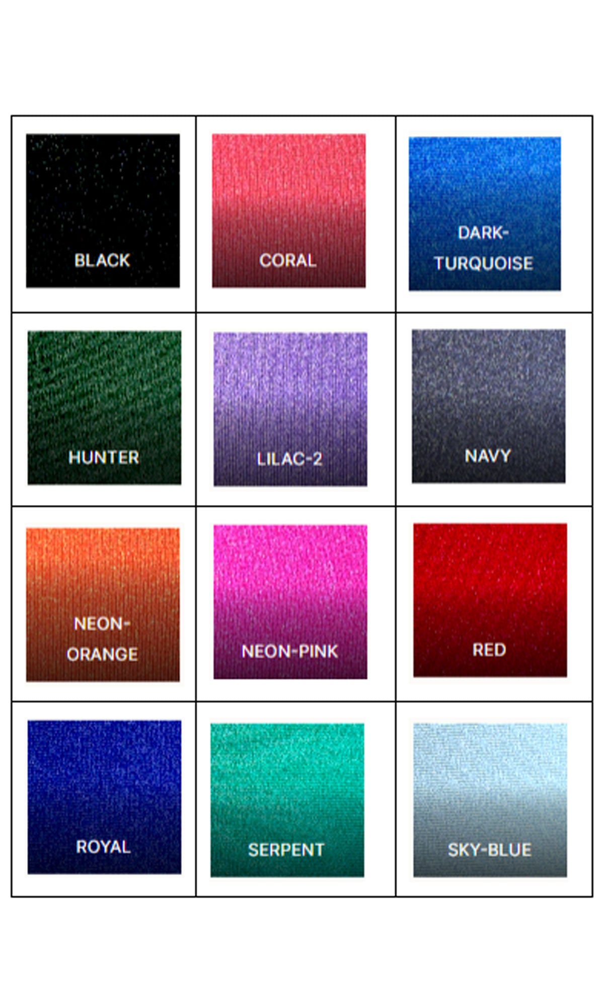 A grid of twelve fabric swatches—black, coral, dark-turquoise, hunter, lilac-2, navy, neon-orange, neon-pink, red, royal, serpent, and sky-blue—for the Side Cut-Out Short Hoco Dress: Jessica Angel 2450 with beaded trim.